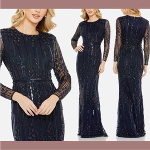 NWT $698 Mac Duggal [ 8 ] Embellished Long Sleeve Column Gown Midnight Blue Q616